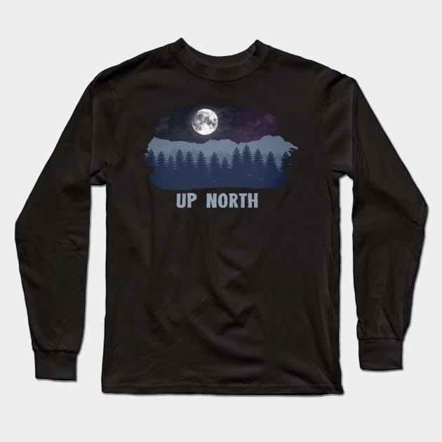 UP NORTH BLUE CHILLY WINTER NIGHT WITH PINE TREES & MOON Long Sleeve T-Shirt by mangobanana
